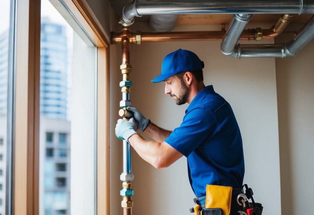 A plumber installing pipes in a Seattle building, following the city's plumbing code