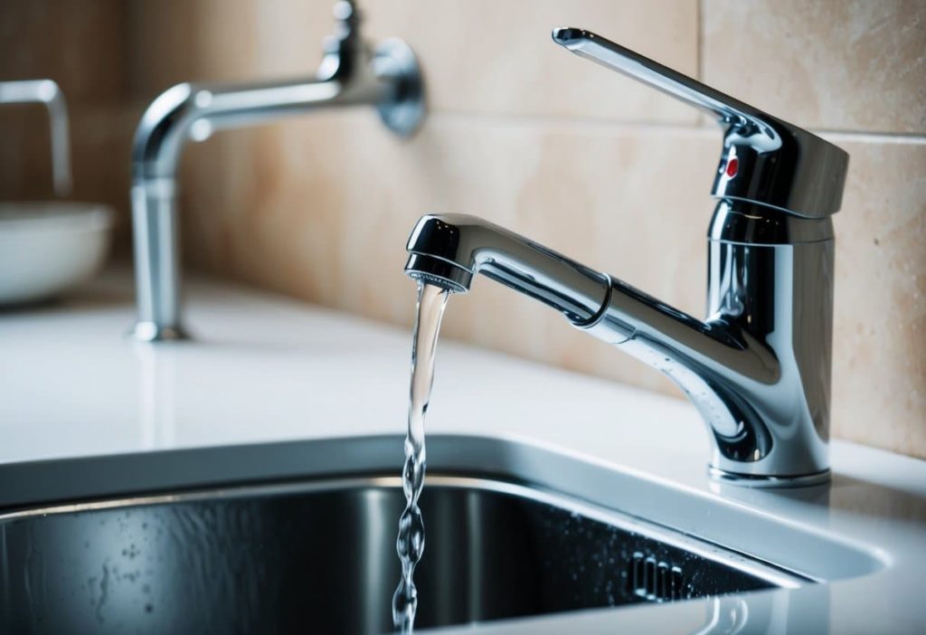 A faucet with a steady stream of water pouring into a sink, while a leaky pipe drips water onto the floor