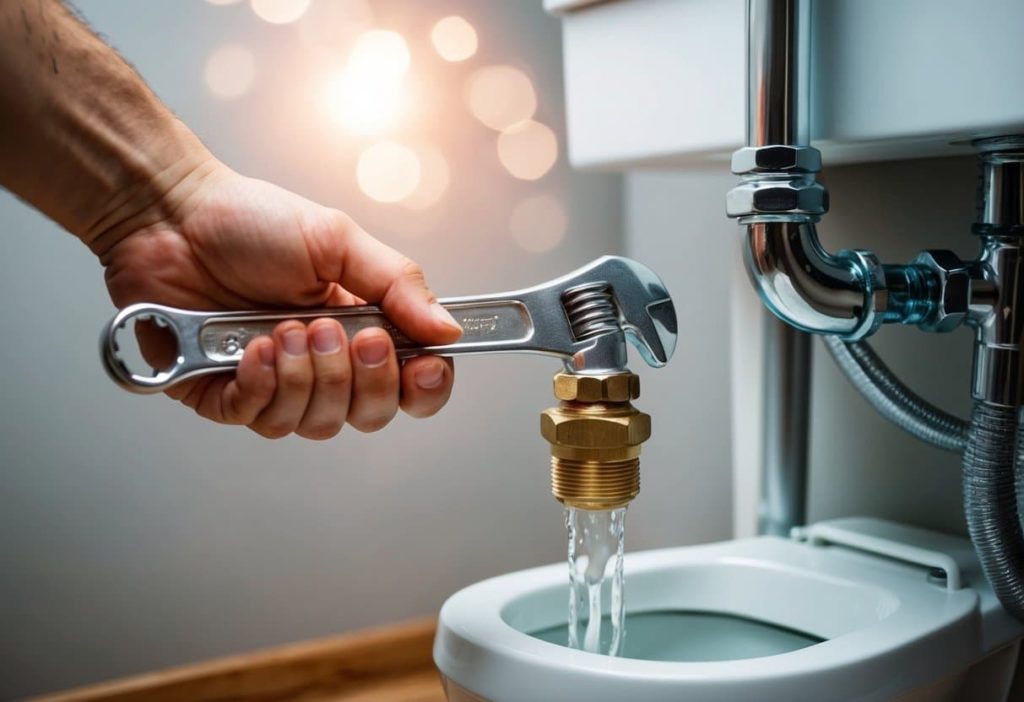 A wrench tightening the toilet's water supply valve