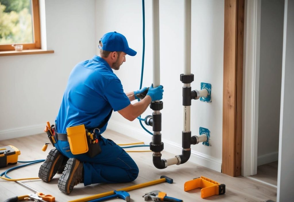 Plumber replacing old pipes with new ones in a residential home. Tools and equipment scattered around the work area