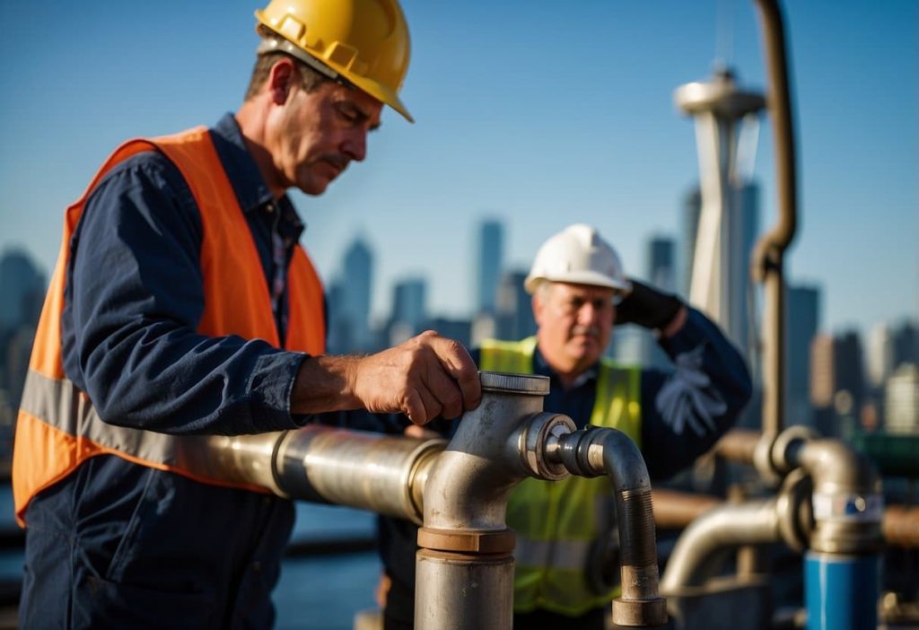 A city worker adjusts a valve on a water pipe, while another worker monitors a pressure gauge. The Seattle skyline looms in the background