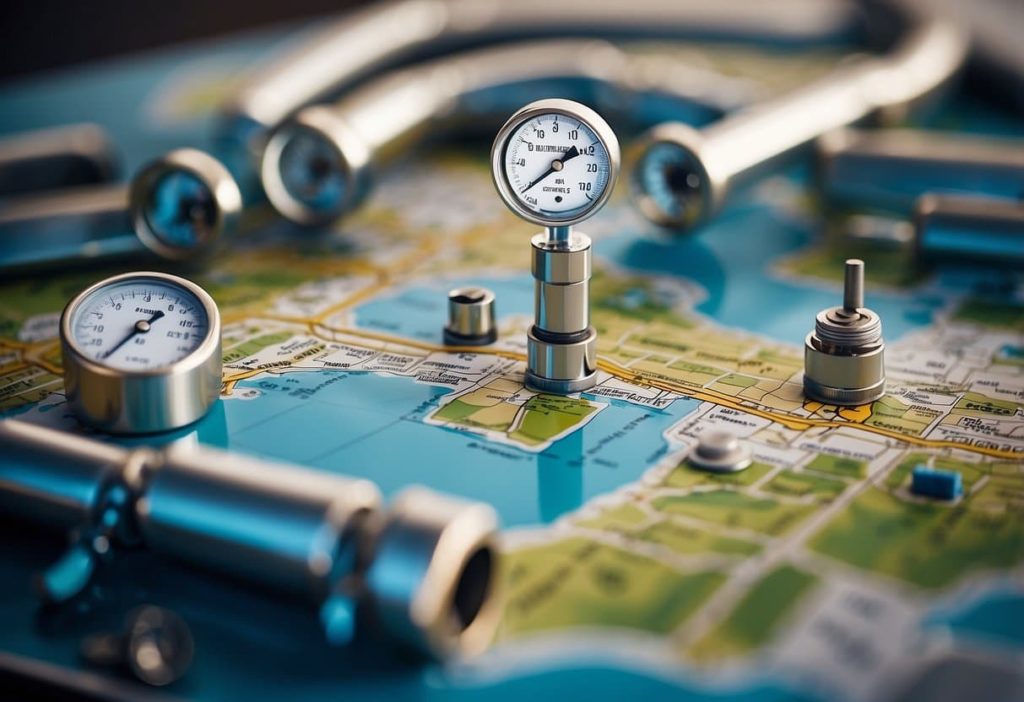 A city map with water pipes, pressure gauges, and customer service contacts displayed