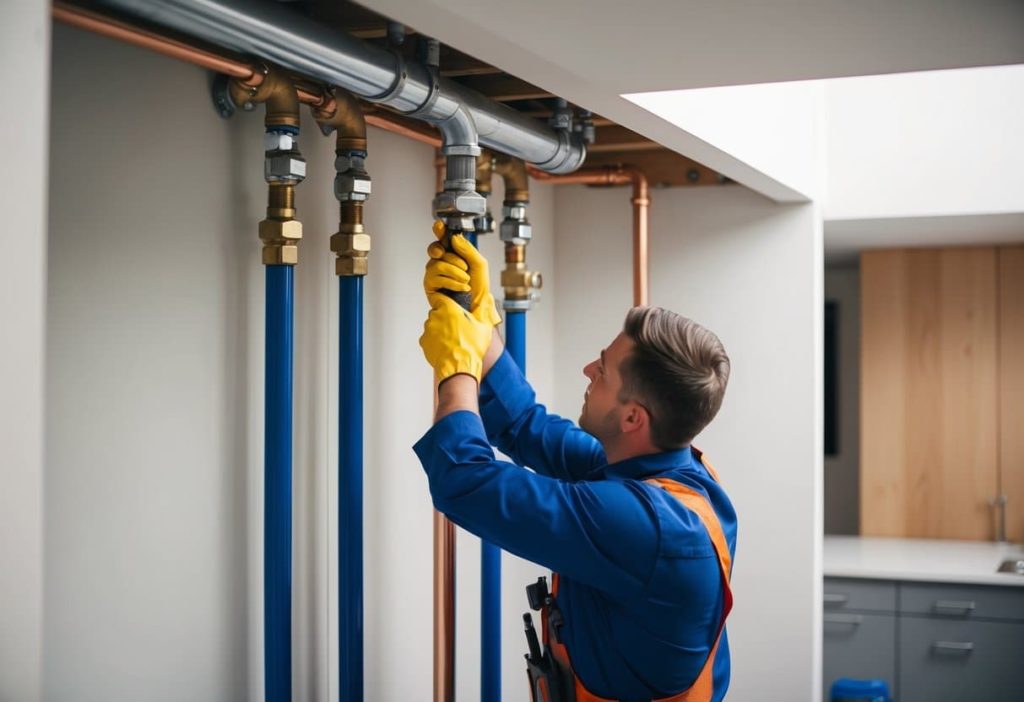 A plumber installing pipes in a building, following the UPC