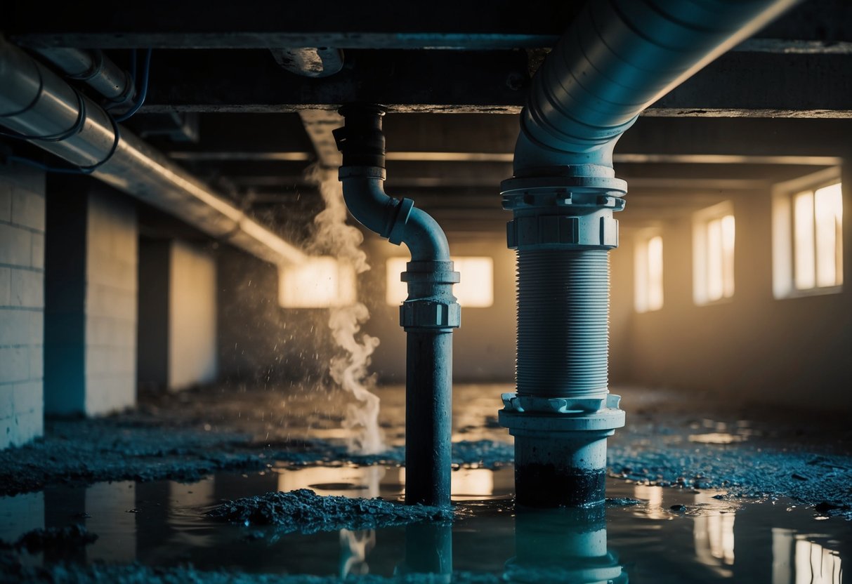 A dilapidated sewer pipe leaks foul-smelling gases into a dimly lit basement, causing discomfort and health risks for the inhabitants