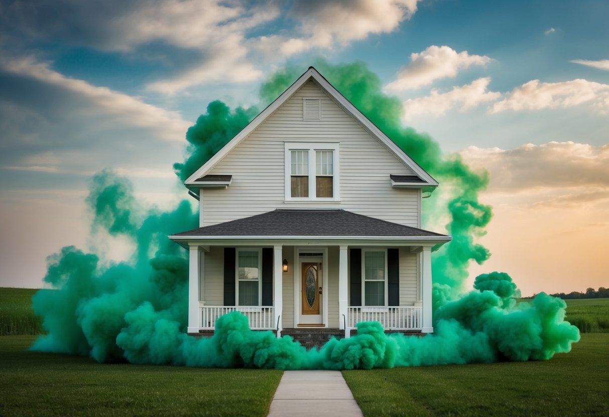 A house with a puzzled expression, surrounded by swirling green fumes